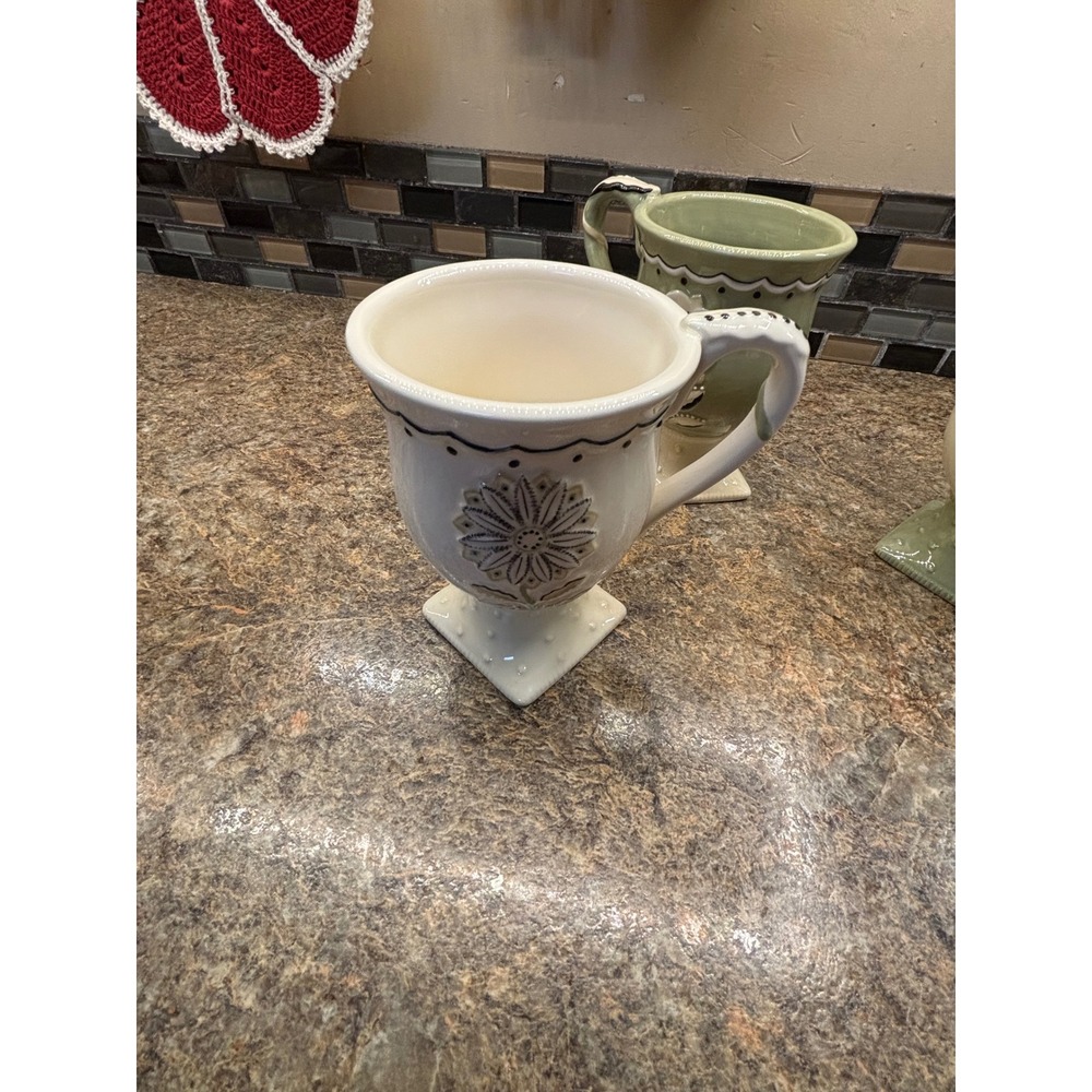 Ceramic Footed Floral Mugs Set of 3 Sage Green Cream Cottage core - Picture 10 of 11